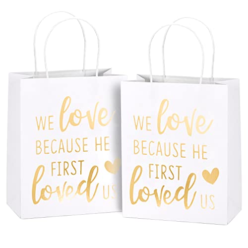 WRAPAHOLIC Medium Size Gift Bags - Gold Foil We Love Because He First Loved Us White Paper Bags with Handles for the Lovers of Scriptures and Christians - 12 Pack - 8" x 4" x 10"