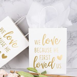 WRAPAHOLIC Medium Size Gift Bags - Gold Foil We Love Because He First Loved Us White Paper Bags with Handles for the Lovers of Scriptures and Christians - 12 Pack - 8" x 4" x 10"