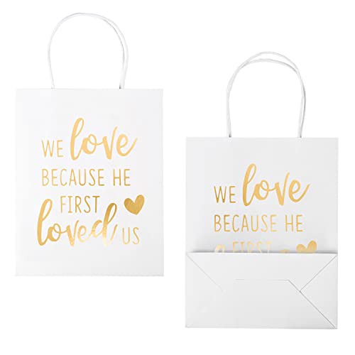 WRAPAHOLIC Medium Size Gift Bags - Gold Foil We Love Because He First Loved Us White Paper Bags with Handles for the Lovers of Scriptures and Christians - 12 Pack - 8" x 4" x 10"