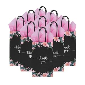 50 pack small black & floral thank you paper gift bags with handles and 24 sheets pink tissue paper for small business, shopping, wedding, baby shower, party favors ( small 9”x5.5”x3.15”, black floral)