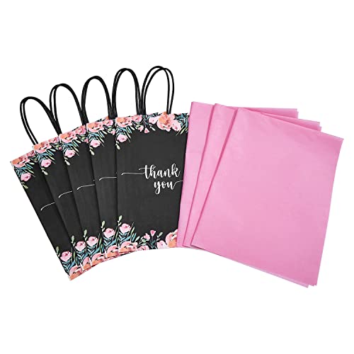 50 Pack Small Black & Floral Thank You Paper Gift Bags with Handles and 24 Sheets Pink Tissue Paper for Small Business, Shopping, Wedding, Baby Shower, Party Favors ( Small 9''x5.5''x3.15'', Black Floral)