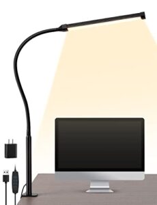 libora led desk lamp with clamp, dimmable clip light for home office, 3 modes 10 brightness, long flexible gooseneck, eye-caring, architect table task lamps with usb adapter, black