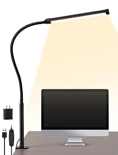 LIBORA LED Desk Lamp with Clamp, Dimmable Clip Light for Home Office, 3 Modes 10 Brightness, Long Flexible Gooseneck, Eye-Caring, Architect Table Task Lamps with USB Adapter, Black