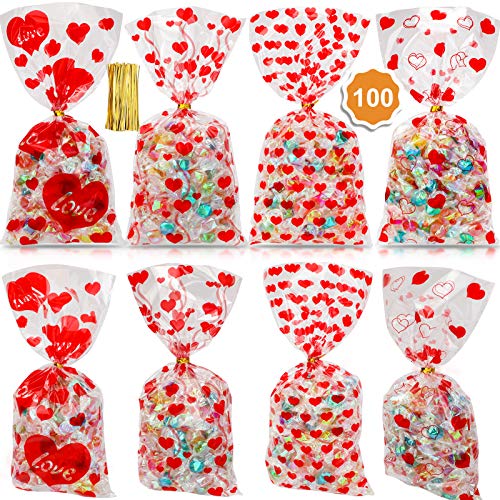 Konsait 100pcs Valentines Cellophane Bags, Clear Candy Cookie Treat Bags with Twist Ties for Bakery Biscuit Chocolate Snacks,Holiday Goody Bags, Valentines Party Favors Supplies