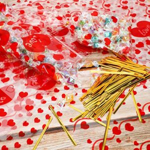 Konsait 100pcs Valentines Cellophane Bags, Clear Candy Cookie Treat Bags with Twist Ties for Bakery Biscuit Chocolate Snacks,Holiday Goody Bags, Valentines Party Favors Supplies