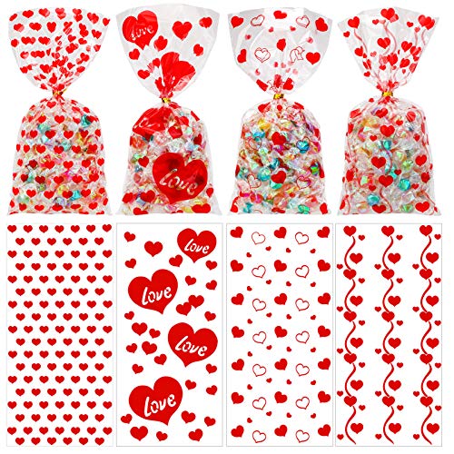 Konsait 100pcs Valentines Cellophane Bags, Clear Candy Cookie Treat Bags with Twist Ties for Bakery Biscuit Chocolate Snacks,Holiday Goody Bags, Valentines Party Favors Supplies