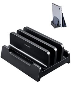meatanty dual vertical laptop stand holder 2 slot macbook pro vertical stand laptop accessories, desktop storage for all macbook/surface/hp/dell/chrome book up to 17.3″ -black