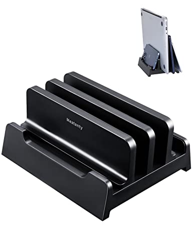 meatanty Dual Vertical Laptop Stand Holder 2 Slot MacBook Pro Vertical Stand Laptop Accessories, Desktop Storage for All MacBook/Surface/HP/Dell/Chrome Book Up to 17.3″ -Black