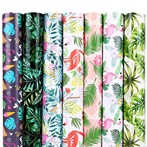 Konsait Flamingo Wrapping Paper, Monstera Palm Leaves Hawaii Safari Jungle Tropical Themed Wrap Paper Sheet for Gift Wrapping, Birthday, Baby Shower, Flowers Party Decoration Craft Supplies 29" x 20"