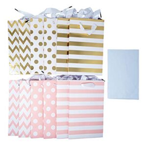 Paper Favor Gift Bags for All Events & Parties w/Satin Ribbon Handles + Decorative Tissue Paper, 12 Count (Pink, Gold Mylar)