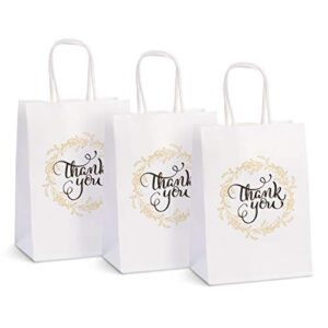 ospecks 50 count small thank you gift bags bulk with handles, white kraft paper bags for retail shopping, wedding, goodies, merchandise for customers or guests, size 5.25 x 3.75 x 8 inches