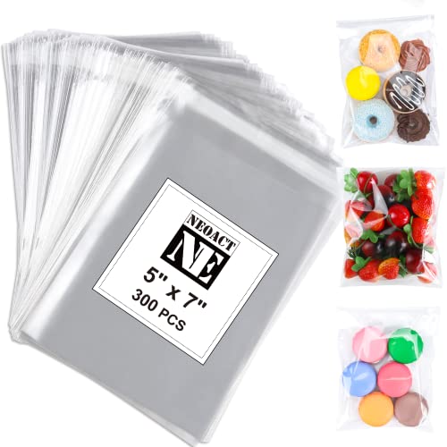 NEOACT 300 PCS 5"x7" Clear Resealable Cellophane Bags Good for Bakery, Candle, Soap, Cookie Poly Bags.