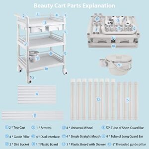 Rolling Utility Cart,Qiwey Medical Utility Cart with Drawers,3-Tier Esthetician Cart with Wheelsfor Beauty Salon SPA Commercial Hospital Office Lab Cart White