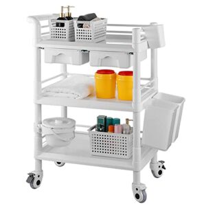 rolling utility cart,qiwey medical utility cart with drawers,3-tier esthetician cart with wheelsfor beauty salon spa commercial hospital office lab cart white