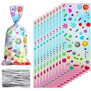 outus 100 pieces cellophane treat bags candy bags cand lollipop pattern cello bags with 150 pieces silvery twist ties for chocolate candy snacks cookies birthday party favors, 11 x 5 inches
