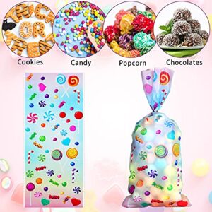 Outus 100 Pieces Cellophane Treat Bags Candy Bags Cand Lollipop Pattern Cello Bags with 150 Pieces Silvery Twist Ties for Chocolate Candy Snacks Cookies Birthday Party Favors, 11 x 5 Inches