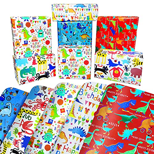 Kids Birthday Wrapping Paper for Boys Wrapping Paper Birthday Sheets-10 Pack Cute Animal Dinosaur Wrapping Paper for Boys,Toddlers,Girls,Children,Kids,Birthday,Baby Shower,Party,Dino Gift Wrapping Paper Kids for Present Wrapping Paper Birthday Boy-5 Style