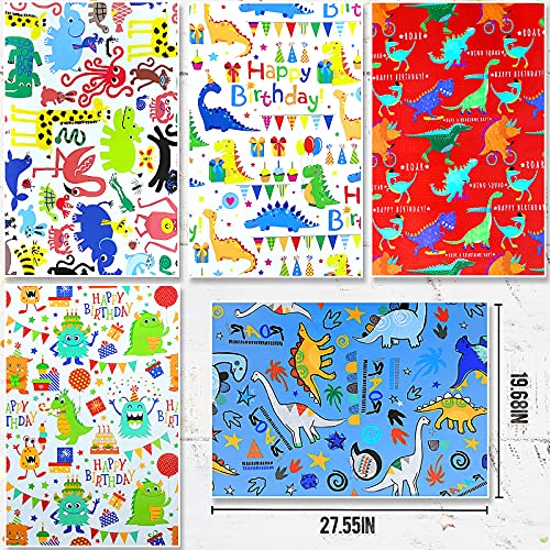 Kids Birthday Wrapping Paper for Boys Wrapping Paper Birthday Sheets-10 Pack Cute Animal Dinosaur Wrapping Paper for Boys,Toddlers,Girls,Children,Kids,Birthday,Baby Shower,Party,Dino Gift Wrapping Paper Kids for Present Wrapping Paper Birthday Boy-5 Style