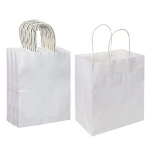 oikss 50 pack 8×4.75×10 inch medium paper bags with handles bulk, kraft bags birthday wedding party favors grocery retail shopping takeouts business goody craft gift bags sacks (white 50pcs count)