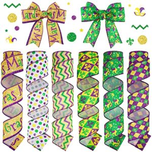 6 rolls 30 yard mardi gras wired edge ribbon purple green stripe ribbon bows for wreath, colorful mask plaid grid ribbons mardi gras decorations for party gift wrapping wreaths diy home decor 2 inches