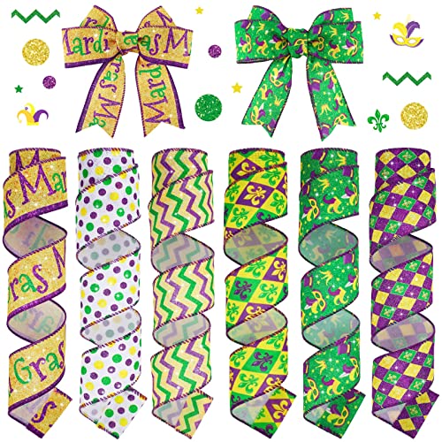 6 Rolls 30 Yard Mardi Gras Wired Edge Ribbon Purple Green Stripe Ribbon Bows for Wreath, Colorful Mask Plaid Grid Ribbons Mardi Gras Decorations for Party Gift Wrapping Wreaths DIY Home Decor 2 Inches