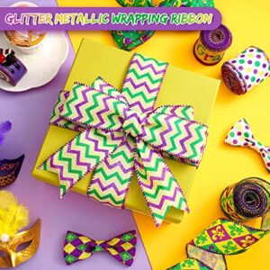 6 Rolls 30 Yard Mardi Gras Wired Edge Ribbon Purple Green Stripe Ribbon Bows for Wreath, Colorful Mask Plaid Grid Ribbons Mardi Gras Decorations for Party Gift Wrapping Wreaths DIY Home Decor 2 Inches