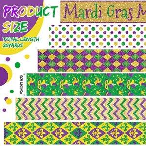 6 Rolls 30 Yard Mardi Gras Wired Edge Ribbon Purple Green Stripe Ribbon Bows for Wreath, Colorful Mask Plaid Grid Ribbons Mardi Gras Decorations for Party Gift Wrapping Wreaths DIY Home Decor 2 Inches