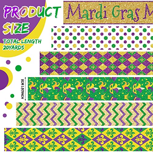 6 Rolls 30 Yard Mardi Gras Wired Edge Ribbon Purple Green Stripe Ribbon Bows for Wreath, Colorful Mask Plaid Grid Ribbons Mardi Gras Decorations for Party Gift Wrapping Wreaths DIY Home Decor 2 Inches