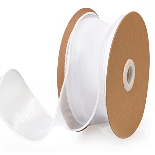 1.5 Inch Sheer Organza Ribbon White Wavy Knot Wired Ribbon 25 Yards for Gift Wrapping, Bouquet Wrapping,Craft，Christmas-Birthday-Wedding-Party Decoration (1.5 inch, White)