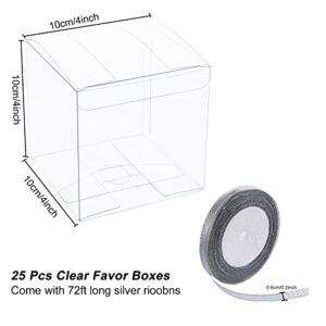 Sdootjewelry 4''×4''×4'' Clear Favor Boxes, 25 Packs Clear Gift Boxes with Ribbon, Clear Boxes for Favors, Transparent Plastic Gift Boxes for Wedding Party Baby Shower