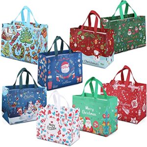 parsup 8pcs christmas gift bags,christmas tote bags with handles, christmas treat bags, multifunctional non-woven christmas bags for gifts wrapping shopping, xmas party supplies, 12.8″×9.8″×6.7″