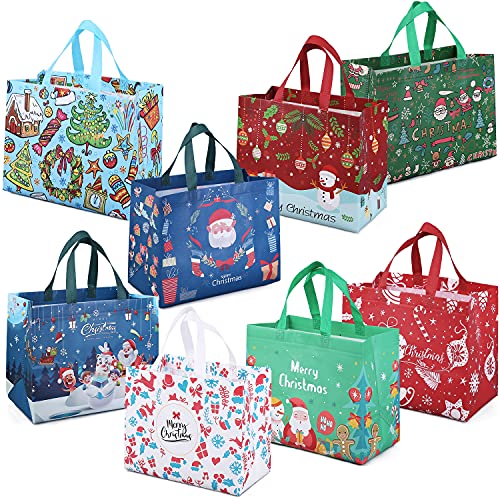 PARSUP 8PCS Christmas Gift Bags,Christmas Tote Bags with Handles, Christmas Treat Bags, Multifunctional Non-Woven Christmas Bags for Gifts Wrapping Shopping, Xmas Party Supplies, 12.8"×9.8"×6.7"