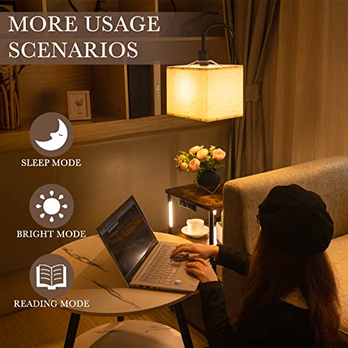 Pazarfami Floor Lamp with Table, Dimmable LED Standing Lamp with 4 Display Poles ,Bedside Table with USB Ports and Outlets, Remote Control Adjustable Color Temperatures & Brightness for Living Room