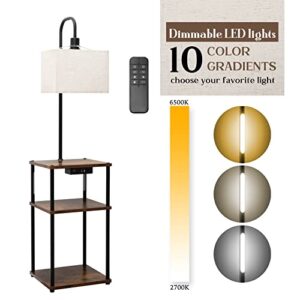 Pazarfami Floor Lamp with Table, Dimmable LED Standing Lamp with 4 Display Poles ,Bedside Table with USB Ports and Outlets, Remote Control Adjustable Color Temperatures & Brightness for Living Room