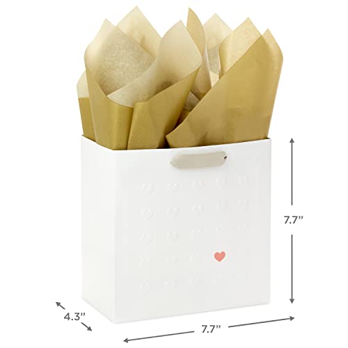 Hallmark Signature Studio 7" Medium Gift Bag with Tissue Paper (Embossed Hearts, White, Pink, Gold) for Birthdays, Valentine's Day, Baby Showers, Bridal Showers