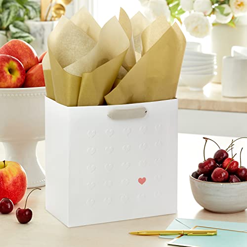 Hallmark Signature Studio 7" Medium Gift Bag with Tissue Paper (Embossed Hearts, White, Pink, Gold) for Birthdays, Valentine's Day, Baby Showers, Bridal Showers