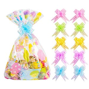 kolewo4ever 20pcs basket bags pull bow set 10 pieces easter cellophane wrap plastic bag 10 pieces easter theme pull bow for gifts baskets party festivals (12×18 inch)