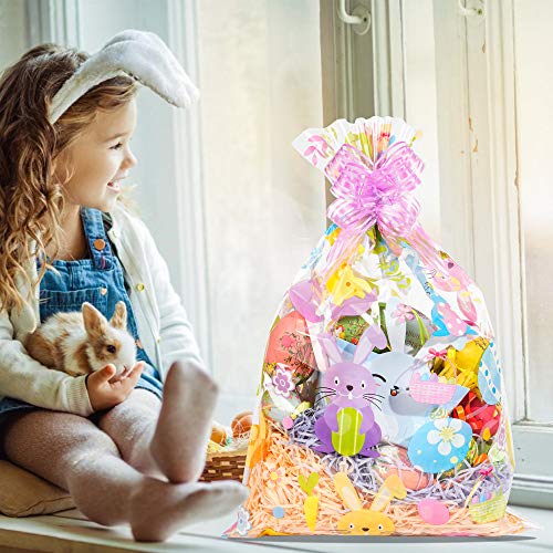 Kolewo4ever 20pcs Basket Bags pull bow Set 10 pieces Easter Cellophane Wrap Plastic Bag 10 pieces easter theme pull bow for Gifts Baskets Party Festivals (12x18 inch)