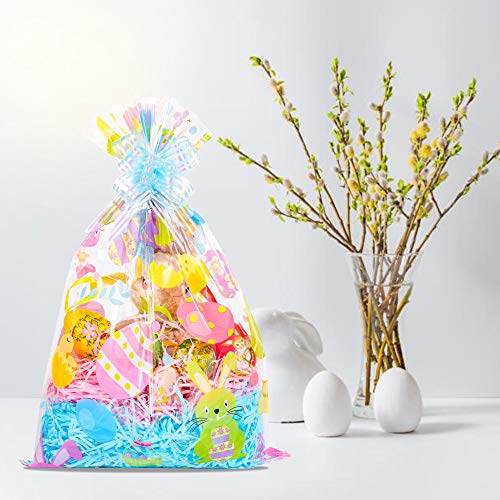 Kolewo4ever 20pcs Basket Bags pull bow Set 10 pieces Easter Cellophane Wrap Plastic Bag 10 pieces easter theme pull bow for Gifts Baskets Party Festivals (12x18 inch)