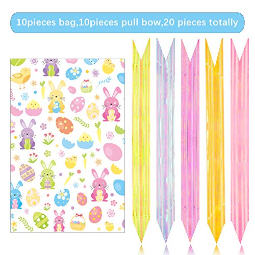 Kolewo4ever 20pcs Basket Bags pull bow Set 10 pieces Easter Cellophane Wrap Plastic Bag 10 pieces easter theme pull bow for Gifts Baskets Party Festivals (12x18 inch)