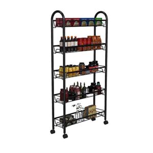 wasjoye rolling wire slim 5-shelf storage cart for home kitchen marketplace, storage and organization stand with lockable wheels (black)