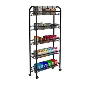 WASJOYE Rolling Wire Slim 5-Shelf Storage Cart for Home Kitchen Marketplace, Storage and Organization Stand with Lockable Wheels (Black)