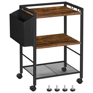 hoobro 3 tier printer stand mobile printer table on wheels, wooden printer shelf with storage bag, under desk rolling printer cart organizer with hooks for home office, kitchen rustic brown bf21ps01
