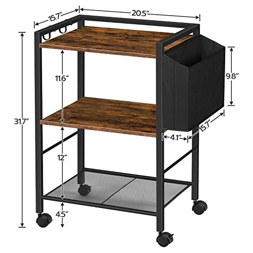 HOOBRO 3 Tier Printer Stand Mobile Printer Table on Wheels, Wooden Printer Shelf with Storage Bag, Under Desk Rolling Printer Cart Organizer with Hooks for Home Office, Kitchen Rustic Brown BF21PS01