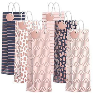Rose Gold Wine Gift Bags - Set of 6 - Assorted Rose Gold, Pink, & Navy Wine Gift Bags With Handles + Name Tags. - Modern Geometric Metallic Gift Bags - Perfect for Birthdays, Anniversaries, Bridal Showers, Mother's Day, Thank You Gifts, Housewarming Dinne