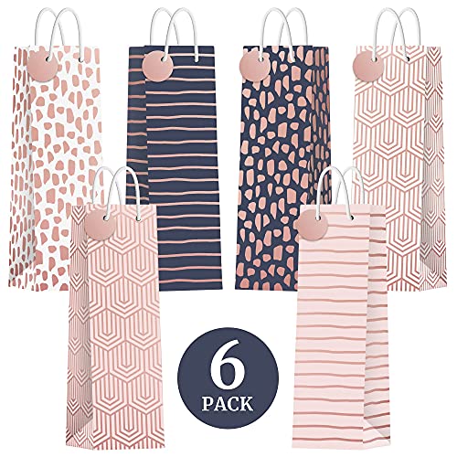 Rose Gold Wine Gift Bags - Set of 6 - Assorted Rose Gold, Pink, & Navy Wine Gift Bags With Handles + Name Tags. - Modern Geometric Metallic Gift Bags - Perfect for Birthdays, Anniversaries, Bridal Showers, Mother's Day, Thank You Gifts, Housewarming Dinne