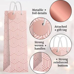 Rose Gold Wine Gift Bags - Set of 6 - Assorted Rose Gold, Pink, & Navy Wine Gift Bags With Handles + Name Tags. - Modern Geometric Metallic Gift Bags - Perfect for Birthdays, Anniversaries, Bridal Showers, Mother's Day, Thank You Gifts, Housewarming Dinne