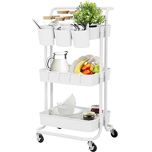 LEZIOA 3 Tier Rolling Cart, Ajustable Art Craft Cart Organizer on Wheels, Metal Utility Storage Cart with Handle for Kitchen Bathroom, Mobile Multifunctional Salon Trolley Makeup Cart, Easy Assembly