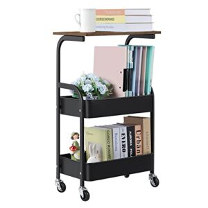 smusei 3 tier rolling cart with wooden tabletop, metal utility cart with lockable wheels, black rolling storage organizer cart with 2 baskets for living room, bathroom, bedroom, office, kitchen