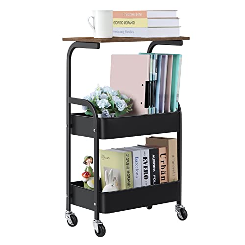 smusei 3 Tier Rolling Cart with Wooden Tabletop, Metal Utility Cart with Lockable Wheels, Black Rolling Storage Organizer Cart with 2 Baskets for Living Room, Bathroom, Bedroom, Office, Kitchen